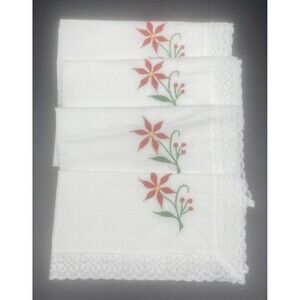 VTG Homemade White Cotton Napkins W/ Red & Green Flower & Lace Edge 16.5” -4 PC